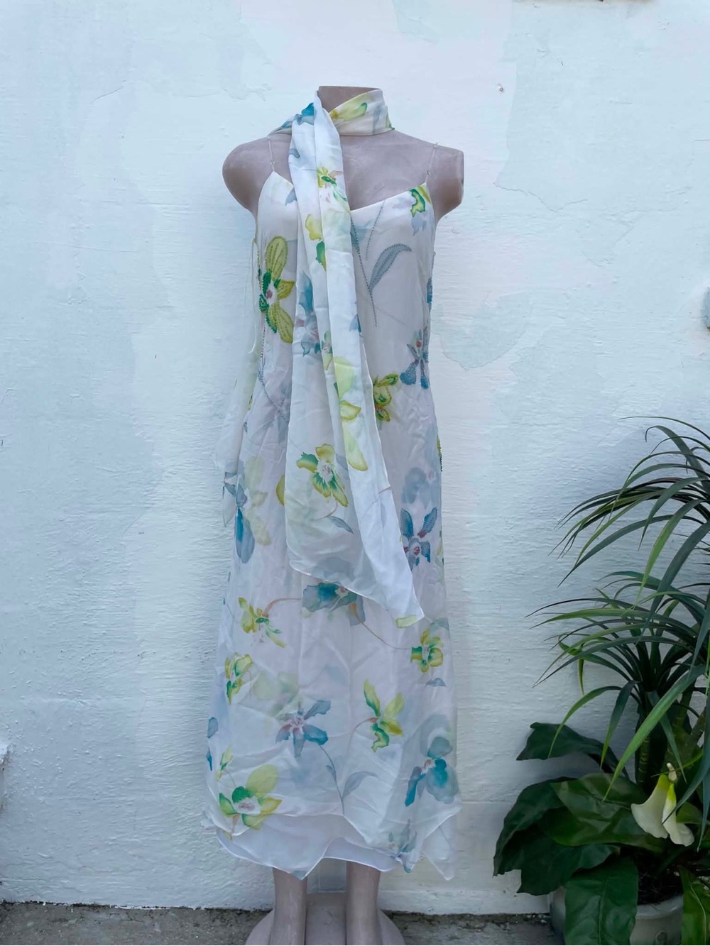 Kay Unger White Maxi Dress with Blue & Green Floral Print and Scarf